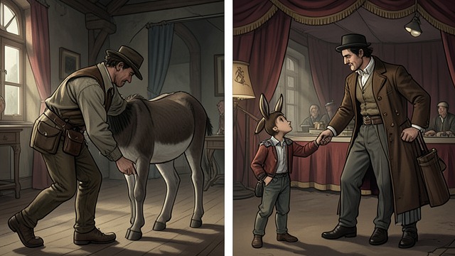 Two Different Buyers from "Pinocchio". Animals Sold Divergent Destinations A farmer buys Lucignolo after his own donkey dies, while a circus director buys Pinocchio for performances.