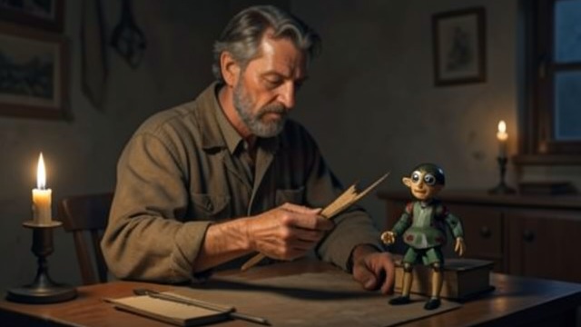 A Father’s Gift from "Pinocchio". Making a Son A Poor Beginning Geppetto lives in a bare room and turns an unusual piece of wood into a puppet, imagining that the figure might help him earn a…