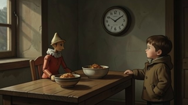 A Forgiveness Earned from "Pinocchio". The Promise Nears A Year of Effort Pinocchio studies diligently for a year, and the Fairy tells him that his wish will be fulfilled the following day.