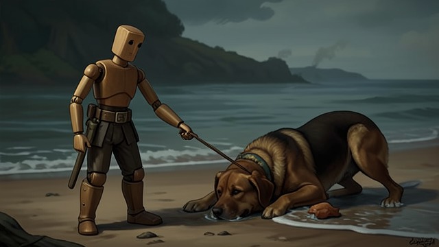 A Dog in the Water from "Pinocchio". An Enemy in Trouble Pursuit Reversed Alidoro, the Carabinieri’s mastiff, chases Pinocchio to the shore and plunges into the sea after him.