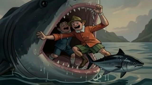 A Father Reaches Shore from "Pinocchio". Captivity Ends Carried Through the Mouth Pinocchio carries Geppetto on his back and swims out of the Great Shark into the sea.