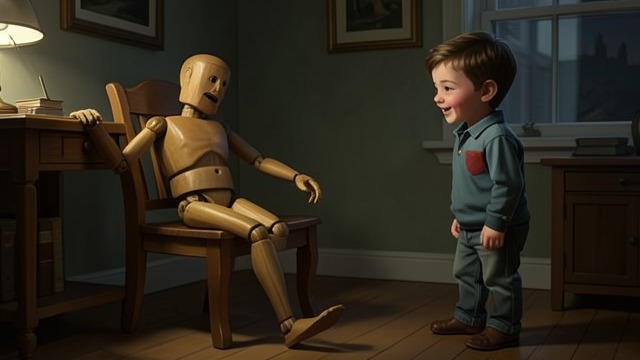 The Puppet Left Behind from "Pinocchio". An Old Form A Wooden Reminder After waking as a boy, Pinocchio sees his former puppet body leaning awkwardly against a chair.