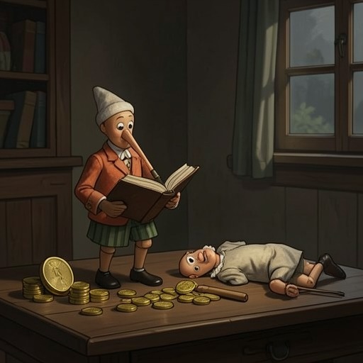 Objects That Mark a Life from "Pinocchio". The primer, gold coins, nose, donkey cap, and abandoned puppet body each turn Pinocchio’s changing values into concrete objects.