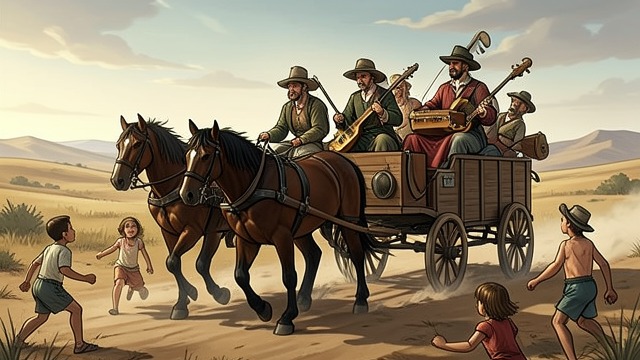A Company on the Road from "Station Eleven". A Company on the Road A moving home The Travelling Symphony crosses the Great Lakes region with horse-drawn wagons, actors, musicians, and children.