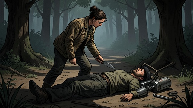 A First Knife Tattoo from "Station Eleven". A First Knife Tattoo An attacker emerges A man comes at Kirsten from the underbrush.