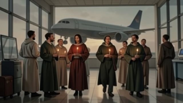 The Wanderers Arrive from "Station Eleven". The Wanderers Arrive A new spiritual community A group of religious travelers stays in the airport, offering blessings and speaking of visions.