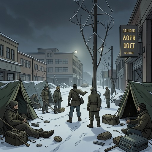 The Airport’s First Winter from "Station Eleven". The stranded passengers transform an abandoned airport into a settlement while coping with loss, uncertainty, and the moral weight of survival.
