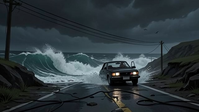 海岸怪物,《邦尼·门罗之死》中的场景。海岸怪物 天气变得险恶 海浪漫过道路,狂风猛烈拍打彭托汽车,一根倒下的电线看起来正朝邦尼移动。海岸变成了一个充满威胁的环境,映照出他的惊惶。 感知与危险交叠 邦尼知道自己可能看到了幻象,但暴风雨依然带来真实的危险。这一幕没有为扭曲的感知与现实威胁划出清晰界线。