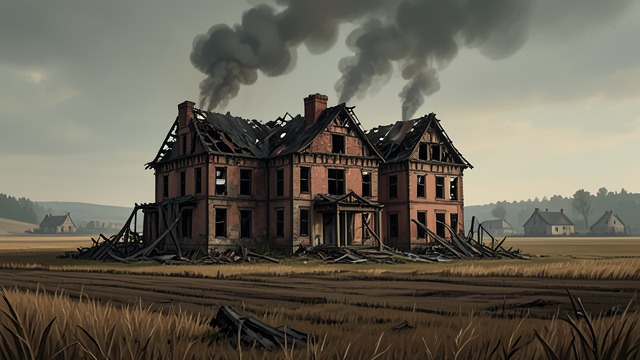 A Burned Promise from "Harvest". A Burned Promise Estate and charts destroyed Walter Thirsk burns the manor and the maps associated with the sheep plan.
