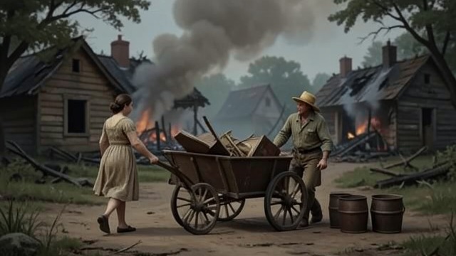The Beldams’ Revenge from "Harvest". The Beldams’ Revenge Taking what remains Mistress Beldam and Young Beldam load a cart with goods from the deserted village and manor.