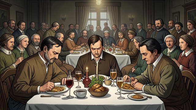 Guilt at the Feast from "Harvest". Guilt at the Feast A silent admission The villagers suspect the young men were responsible, yet neither the perpetrators nor Walter Thirsk speak openly.