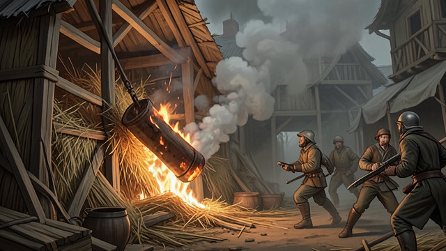 A Prank Becomes Arson from "Harvest". A Prank Becomes Arson Fire spreads The men carry a smoldering Moonball into the dovecote.