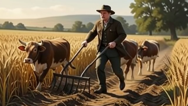 The Last Furrow from "Harvest". The Last Furrow Skilled cultivation Young Beldam assembles the plow and guides the oxen across the barley field.