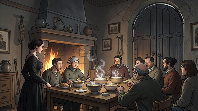 The Interrupted Feast from "Harvest". The Interrupted Feast Celebration after work The villagers eat veal and bread, drink ale, and prepare to choose a Gleaning Queen.