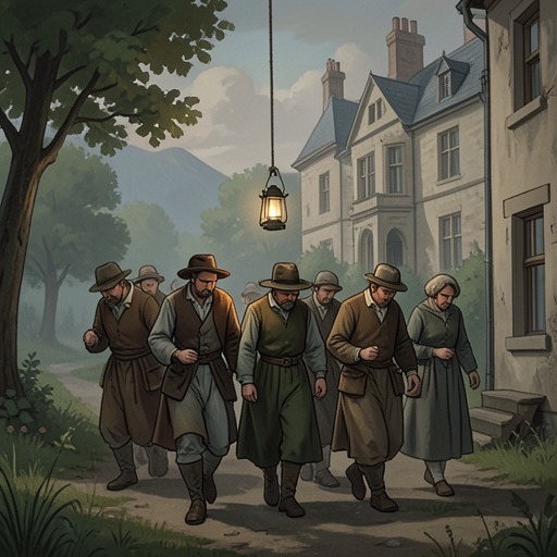 The Flight of the Villagers from "Harvest". This flow follows the gradual abandonment of the estate and the different choices residents make as fear replaces shared life.