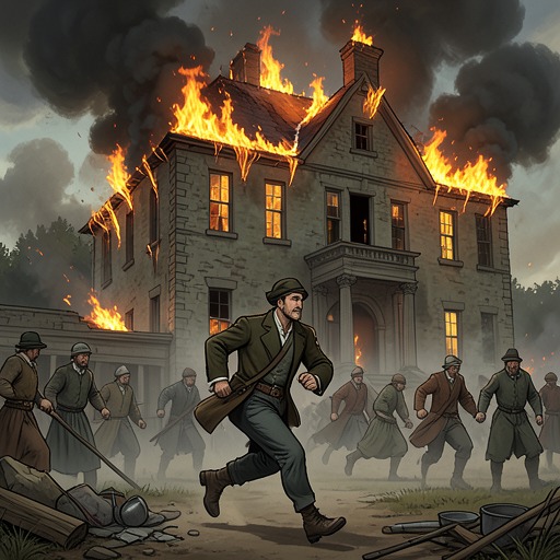 The Estate’s Destruction from "Harvest". This flow traces how a small act of retaliatory mischief expands into fire, flight, and the destruction of the manor.