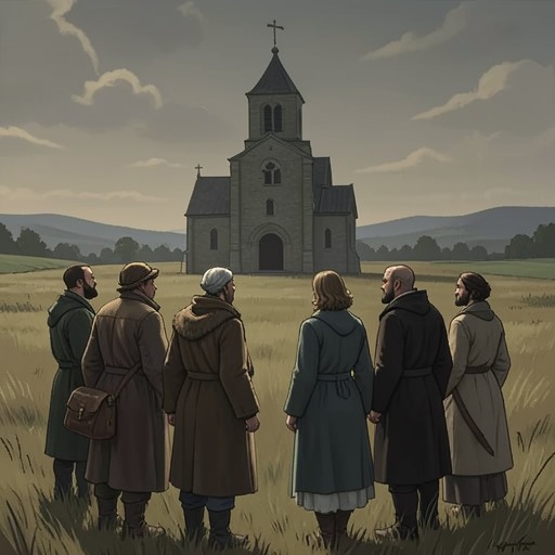 The Unbuilt Church and Local Faith from "Harvest". This flow traces a community that maintains sacred customs without a church or resident priest, then loses the shared ground those customs require.