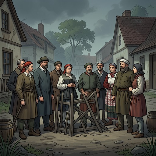 The Village’s Collapse from "Harvest". This flow traces the breakdown of communal order as suspicion, law, and retaliation drive residents away.