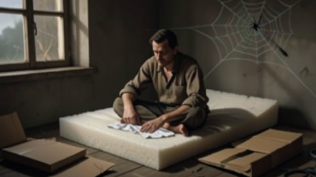 A Private Refuge from "The Shrinking Man". A Private Refuge Shelter assembled from scraps Scott makes a bed from sponge and a handkerchief, using cardboard as a cover.