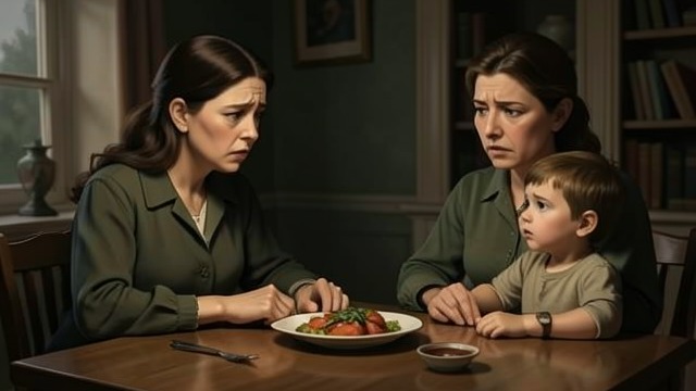The Shared Supper from "The Shrinking Man". The Shared Supper A family at the table Scott discusses medical costs with Louise while Beth watches.