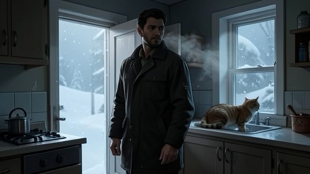 The Christmas Encounter from "The Shrinking Man". The Christmas Encounter Another ordinary hazard Scott faces the cat near the kitchen while cold air and snow enter the house.