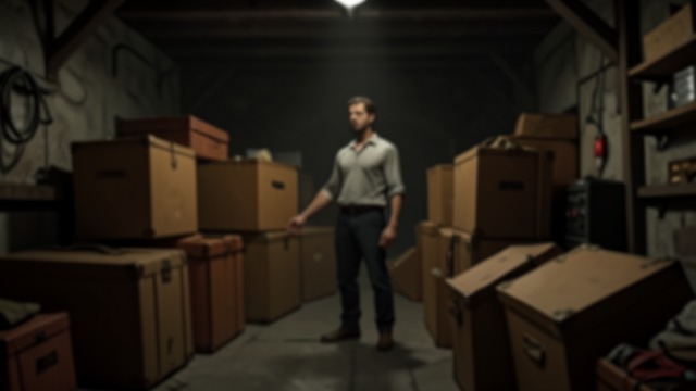 The Household Moves from "The Shrinking Man". The Household Moves Belongings as giants Marty and Beth carry boxes, chairs, and suitcases through the cellar.