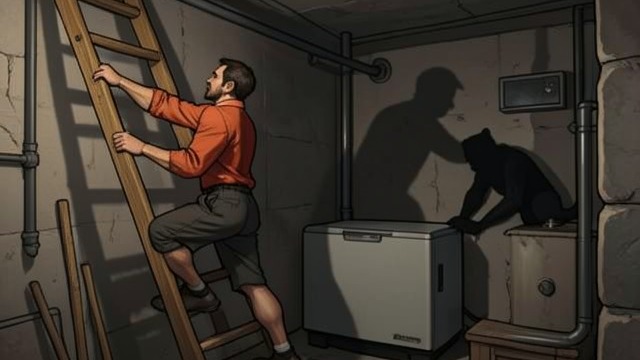 The Ladder Interrupted from "The Shrinking Man". The Ladder Interrupted The cat arrives above him Scott climbs a straw toward the open cellar steps, attempting to escape while a giant works on the water…