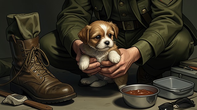 A Puppy in the Company Area from "Cherry". A Small Life at the Base Caves takes him in Caves finds a very young puppy wandering in the company area.