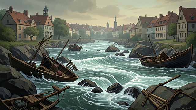 The River Turns Dangerous from "Mulan". A Port Loses Its Lifeline A changed river The river becomes unpredictable, flooding without warning and smashing boats against the rocks.