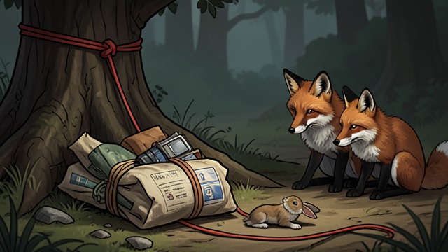 The Supplies Disappear from "Mulan". Sabotage by Small Means A careless opening Mulan unties the red thread securing their belongings, unaware that the foxes are watching for an opportunity.