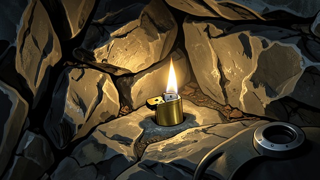 A Lighter in the Crevice from "The Dry". A Lighter in the Crevice A childhood hiding place Falk finds the old lighter he once hid at Rock tree and recognizes his initials.