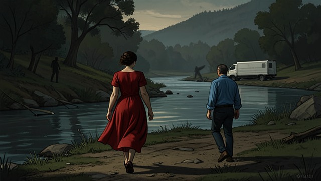 Ellie at the River from "The Dry". Ellie at the River A warning heard After being with Luke by the river, Gretchen hears movement and sees Ellie arrive.