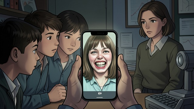 Hannah’s Image Circulates from "Dumplin'". Hannah’s Image Circulates A cruel image shared A phone displays a comparison mocking Hannah’s teeth, and students laugh while claiming the image is funny.
