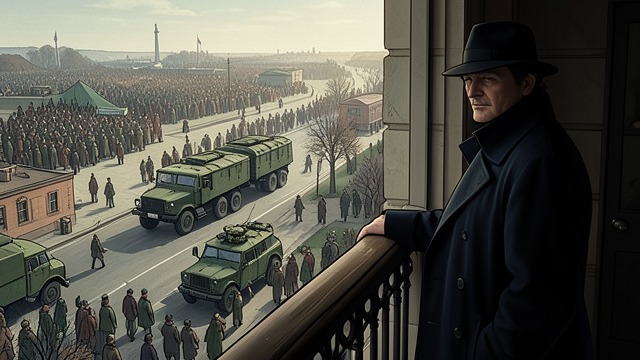 The Balcony Figure from "Munich". A Leader on Display Saluting the Column Hitler appears above Wilhelmstrasse as military vehicles pass the Chancellery.