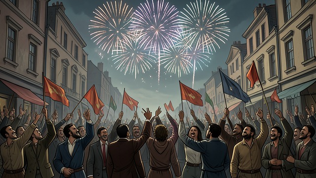 Fireworks After Munich from "Munich". Celebration in the Streets Relief Released Fireworks and crowds mark the news that immediate war has been avoided.
