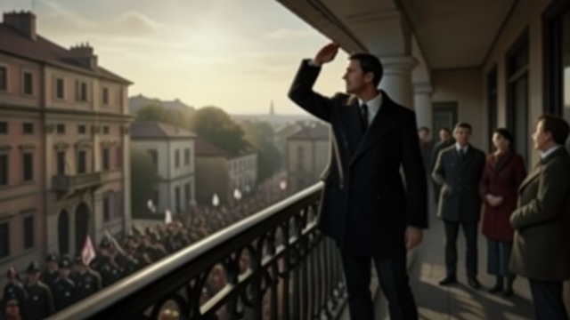 The Balcony Audience from "Munich". Hitler Appears A Brief Performance Hitler salutes the passing troops from a balcony while only a modest crowd gathers.