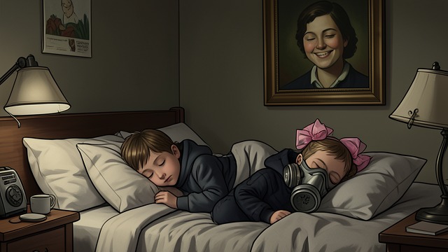 The Children’s Masks from "Munich". The Family Remains in View Legat Returns Home He sees the children asleep beside their gas masks after the public celebrations have begun.