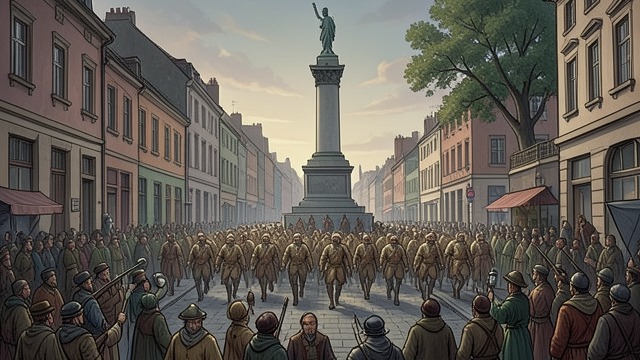 The Square Transformed from "Munich". A Familiar Place Made Alien Hartmann Arrives He sees Königsplatz remade as a monumental Nazi parade ground.