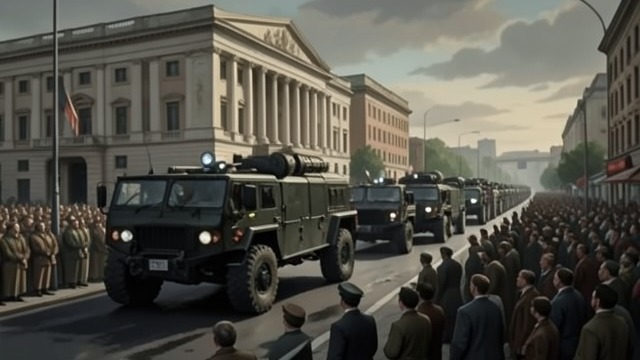 The Parade in Berlin from "Munich". Armour Through Wilhelmstrasse Military Display Hartmann watches a German armoured column pass the Foreign Ministry and Chancellery.