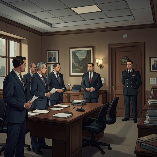 The British Team in Munich from "Munich". The British officials work through an improvised conference structure, balancing protocol, translation, security and the Prime Minister’s decisions.