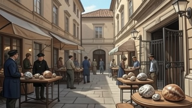 The Hotel Market from "The Forgiven". A Trade in Public View At the hotel in Erfoud, sellers move among tables offering polished ammonites and other specimens to visitors.