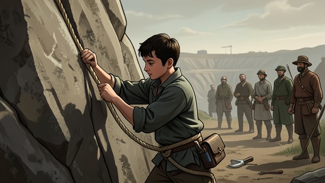 Work on the Mountain from "The Forgiven". Extraction Begins Young Driss remembers being taken to work on the cliffs at a young age, tied to a rope and expected to chisel fossils from difficult rock.