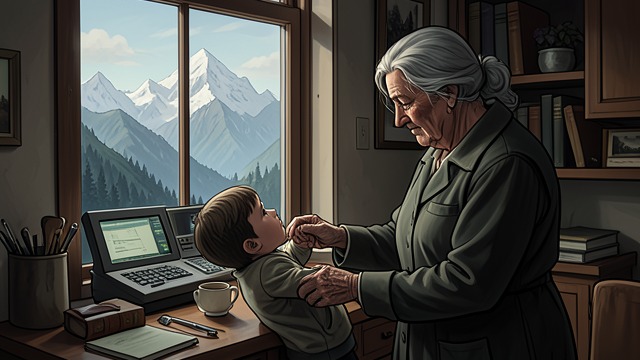 A Voice in the Cottage from "Heidi". A New Listener The meeting The grandmother feels Heidi’s hand and asks whether the child is the one living with Alm-Uncle.