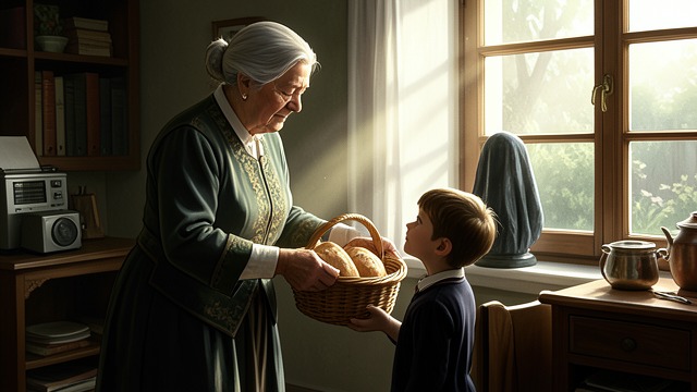 A Returned Promise from "Heidi". Reunion and Bread A gift delivered Heidi piles White Bread Rolls into the grandmother’s lap and promises to come again every day.