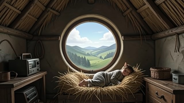 The Hayloft Window from "Heidi". A Window to the Sky A child’s chosen bed Heidi arranges her hay bed so she can look through the round window at the valley and sky.