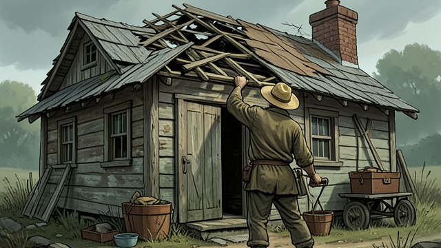 The Shaking House from "Heidi". A Practical Promise A child asks for help Heidi tells Alm-Uncle that the cottage rattles and frightens the grandmother. She trusts him to repair it.