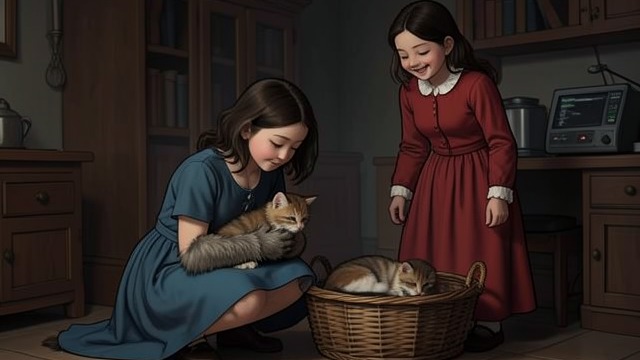 A Secret in the Basket from "Heidi". Shared Mischief Unexpected animals Heidi brings kittens into the household, and Clara helps conceal and enjoy them despite Fraulein Rottenmeier’s horror.