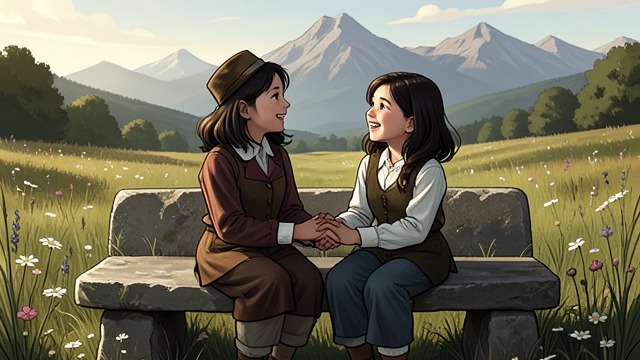 Reunion on the Alm from "Heidi". Friendship Renewed Shared mountain life Clara arrives with Frau Sesemann and is welcomed by Heidi.