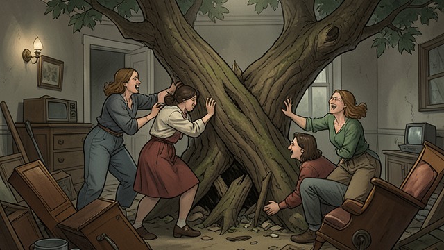 The Family’s Christmas Tree from "All My Puny Sorrows". A Domestic Performance Falling and Rebuilding Yolandi, Nora, and Lottie struggle to stand an enormous tree; after they celebrate, it falls and takes objects…