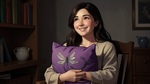 The Purple Pillow from "All My Puny Sorrows". A Gift for Comfort A Bright Object Yolandi brings Elfrieda a purple pillow embroidered with silver dragonflies.